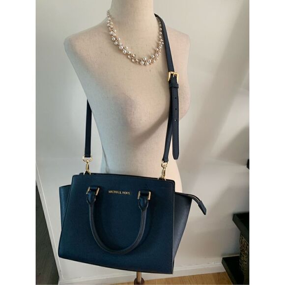 Michael Kors Leather Satchel / Tote Navy Blue - Picture 3 of 12